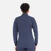 A women's warm-up jacket in navy blue with a high collar and long sleeves, featuring a logo on the back.
