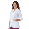 A women's white lab coat with 3/4 sleeves, featuring a pocket and a fitted design.