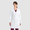 A white unisex full-length lab coat with long sleeves and a pocket, worn by a model.