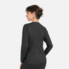 A black women's round neck snap jacket with long sleeves and a sleek design, featuring a subtle logo.