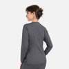 A women's round neck snap jacket in dark grey, featuring long sleeves and a sleek, fitted design.