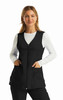 A black women's v-neck vest with a zip front, featuring side pockets and a classic fit.