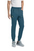 A pair of teal joggers with a half elastic waistband, featuring side pockets and a small logo.