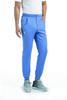 A blue jogger with a half elastic waistband, featuring side pockets and a logo.