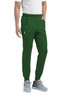 A pair of green joggers with a half elastic waistband, featuring pockets and a logo.