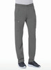 Men's grey tapered cargo pants with half elastic waist, featuring two side pockets. Includes branding on the garment.
