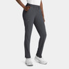 Grey women's skinny pull-on pants with pockets and a drawstring waist. Features branding on the garment.