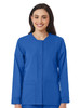 A women's warm-up jacket in bright blue, featuring a button front and two pockets, along with a logo.