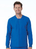 A unisex snap jacket in vibrant blue, featuring a button-up front and long sleeves. Includes a logo.