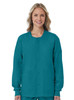 A teal unisex jacket with a round neckline and button closure, featuring long sleeves and a logo.