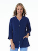 A navy blue women's lab jacket with 3/4 sleeves and a zip front, featuring side pockets and a stylish design.