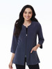 A women's 3/4 sleeve lab jacket in navy blue with a front zip and pockets. It features a simple design and has a logo.