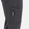 A pair of men's cargo pants in grey with an elastic waistband and a side pocket featuring a pen.
