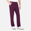 A pair of men's cargo pants in dark purple with an elastic waistband and multiple pockets, featuring a logo.