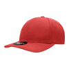 A red 6-panel mid-profile structured snapback cap featuring a curved brim and a branding logo.