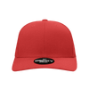 A red 6 panel mid profile structured snapback hat with a black logo on the front.