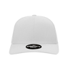 A white 6 panel mid-profile structured snapback hat with a circular logo on the front.