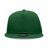 A green 5 panel high profile structured snapback cap with a flat brim and a branded tag on the underside.