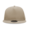 A beige 5-panel high profile structured snapback cap with a logo on the front.