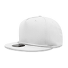 A white 5-panel high profile structured snapback cap with a flat brim and a branded label on the underside.