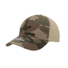 A camo cap featuring a structured mid-profile design in shades of green and brown, with a logo on the front.