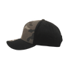 A camo cap with a structured mid-profile design, featuring shades of green and black, and a logo on the side.