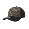 A camo cap featuring a mid-profile structured design with shades of green, brown, and black. It includes a logo on the front.