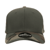 A structured six-panel cap in camouflage pattern with a dark green and brown colour scheme. It features a logo on the front.