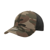 A camouflage cap featuring a structured design, with shades of green, brown, and black, and a branded patch.