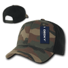 A camo cap featuring a structured six-panel design with a black back and a brand tag attached.