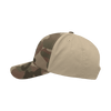 A camo cap featuring a mid-profile structured design in green, brown, and beige hues, with a branding logo.