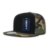A camo-patterned snapback cap in shades of green and brown with a black panel and a brand tag attached.