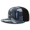A grey and black camo snapback cap featuring a structured high profile and a logo tag.