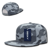 A camo snapback cap featuring a structured six-panel design in shades of grey, with a branded label.
