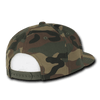 A camouflage snapback cap featuring a high-profile structured design and an adjustable strap at the back.