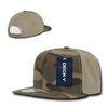 A high-profile structured camo snapback cap in shades of green and brown, featuring a logo tag.