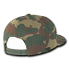 A structured camo snapback cap with shades of green and brown, featuring a back adjustment strap.