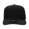 A black 6-panel mid-profile structured trucker cap with a branded logo on the front.