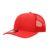 A red 6 panel mid profile structured trucker cap with a mesh back and a logo on the front.