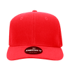 A red 6-panel mid-profile structured trucker cap with a logo on the front.