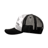 A camo trucker cap in grey and black, featuring a structured mid-profile design and a mesh back.