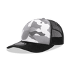 A grey and black camo trucker cap with a structured mid-profile design and a mesh back. It features a logo.