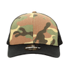 A camo trucker cap featuring a 6-panel structured design in earthy tones, with a black mesh back and logo.