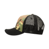 A camo trucker cap featuring a mid-profile structured design with green, brown, and black colours. It includes a logo.