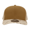 A structured camo trucker cap featuring a brown front panel and a camouflaged brim, with a logo on the front.