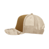 A structured 6-panel trucker cap in camo pattern with a tan front and mesh back. Features a logo.