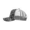 A grey and camo-patterned trucker cap with a structured design and mesh back, featuring a small logo.