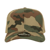 A camo trucker cap featuring an olive and brown camouflage pattern and a structured mid-profile design.