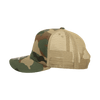 A camo trucker cap featuring a mid-profile design and structured shape, with a mesh back in tan and green colours.