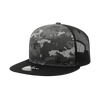 A high-profile structured trucker cap in shades of grey camo with a black mesh back and a flat brim.